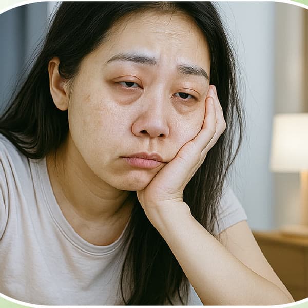 Perempuan duduk di samping lampu tidur pada malam hari, menopang pipi, wajah lelah